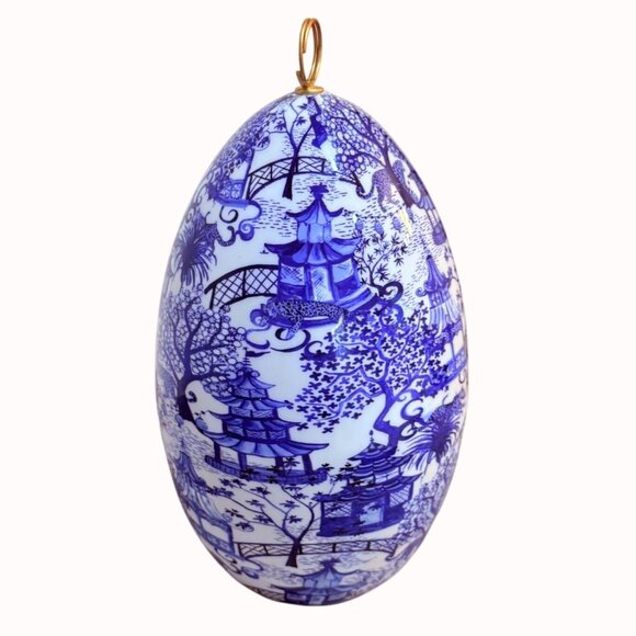 Asian Pagoda Toile Porcelain Egg Blue White Oriental Landscape Hanging Loop Deco - Picture 4 of 11